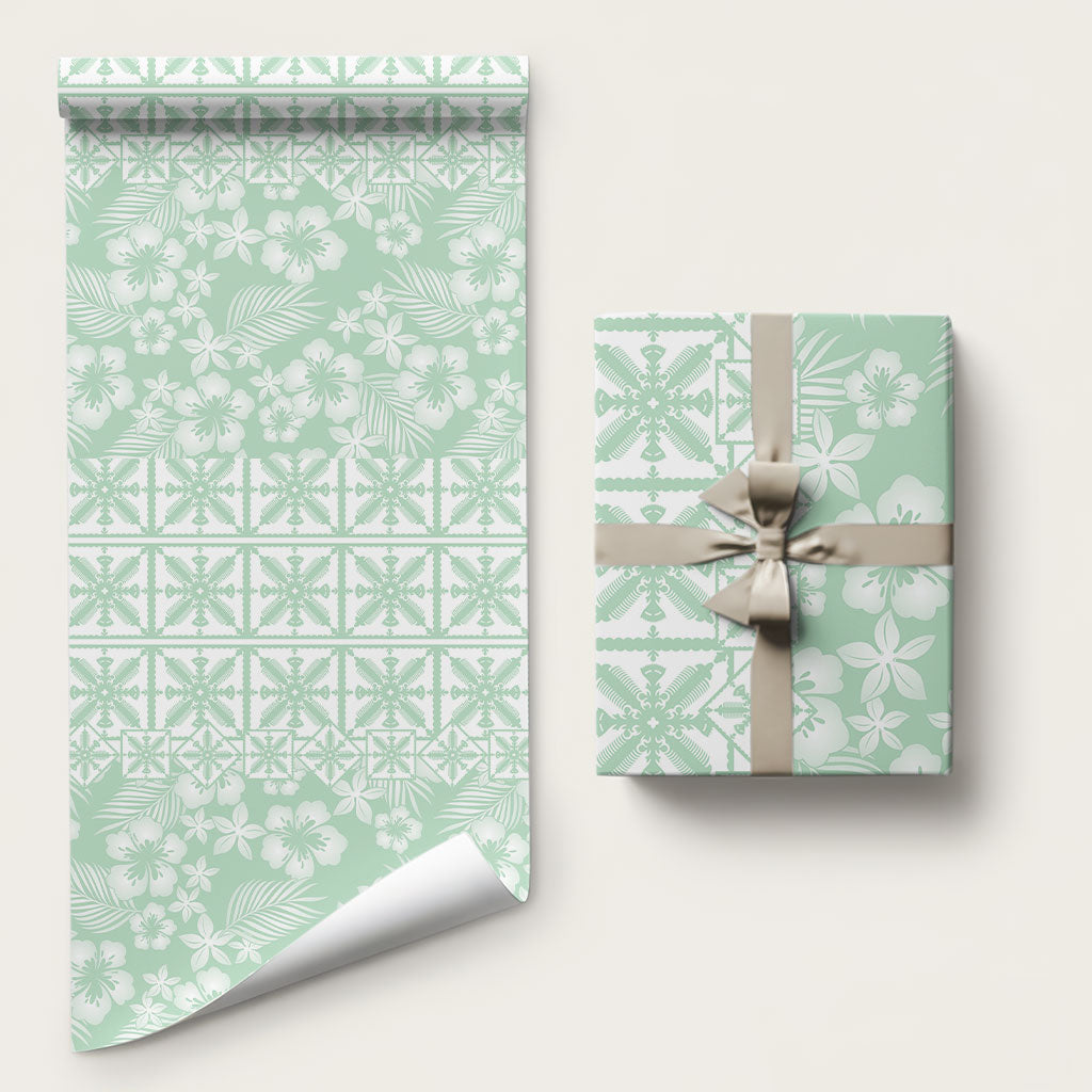 Pastel Green Kahili Quilt Hawaii Wrapping Paper Tropical Flower Seamless Half Style LT14 58" × 23" Green - Polynesian Pride