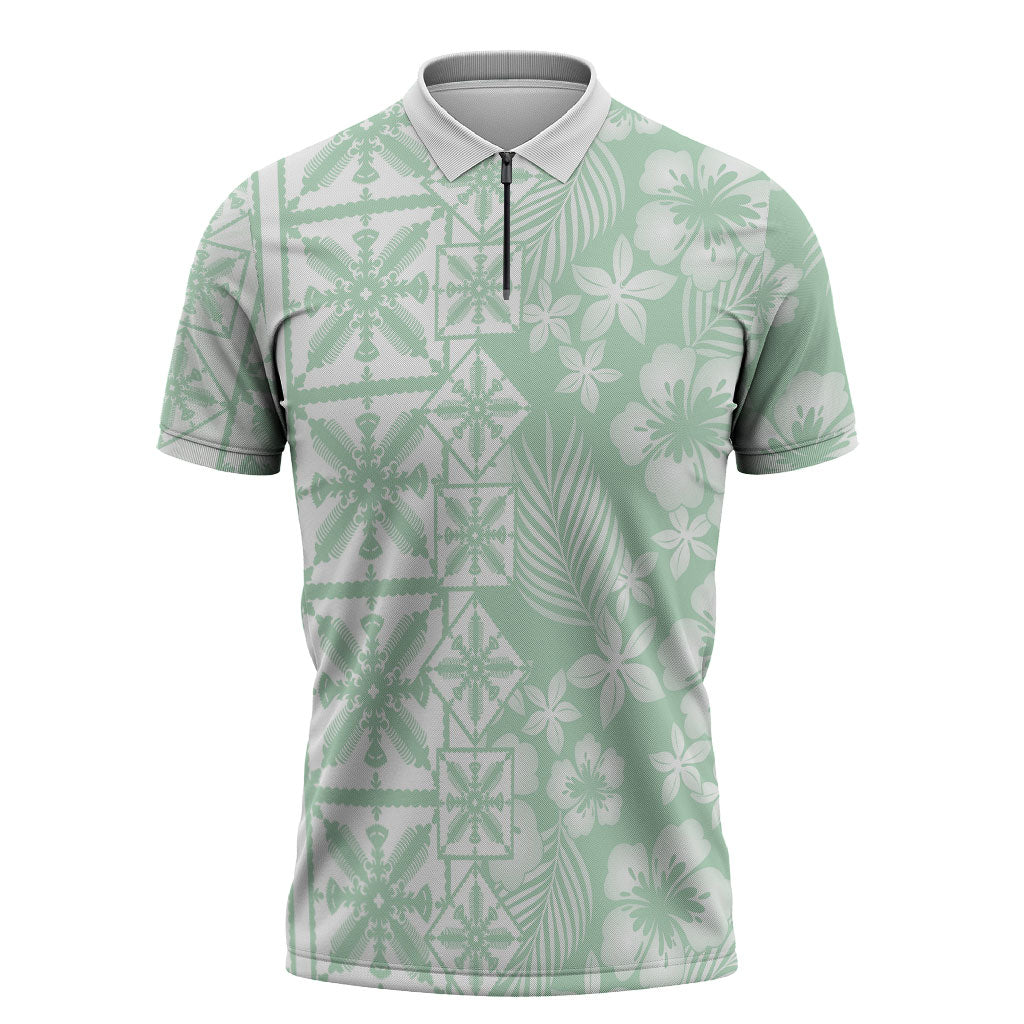 Pastel Green Kahili Quilt Hawaii Zipper Polo Shirt Tropical Flower Seamless Half Style LT14 Green - Polynesian Pride