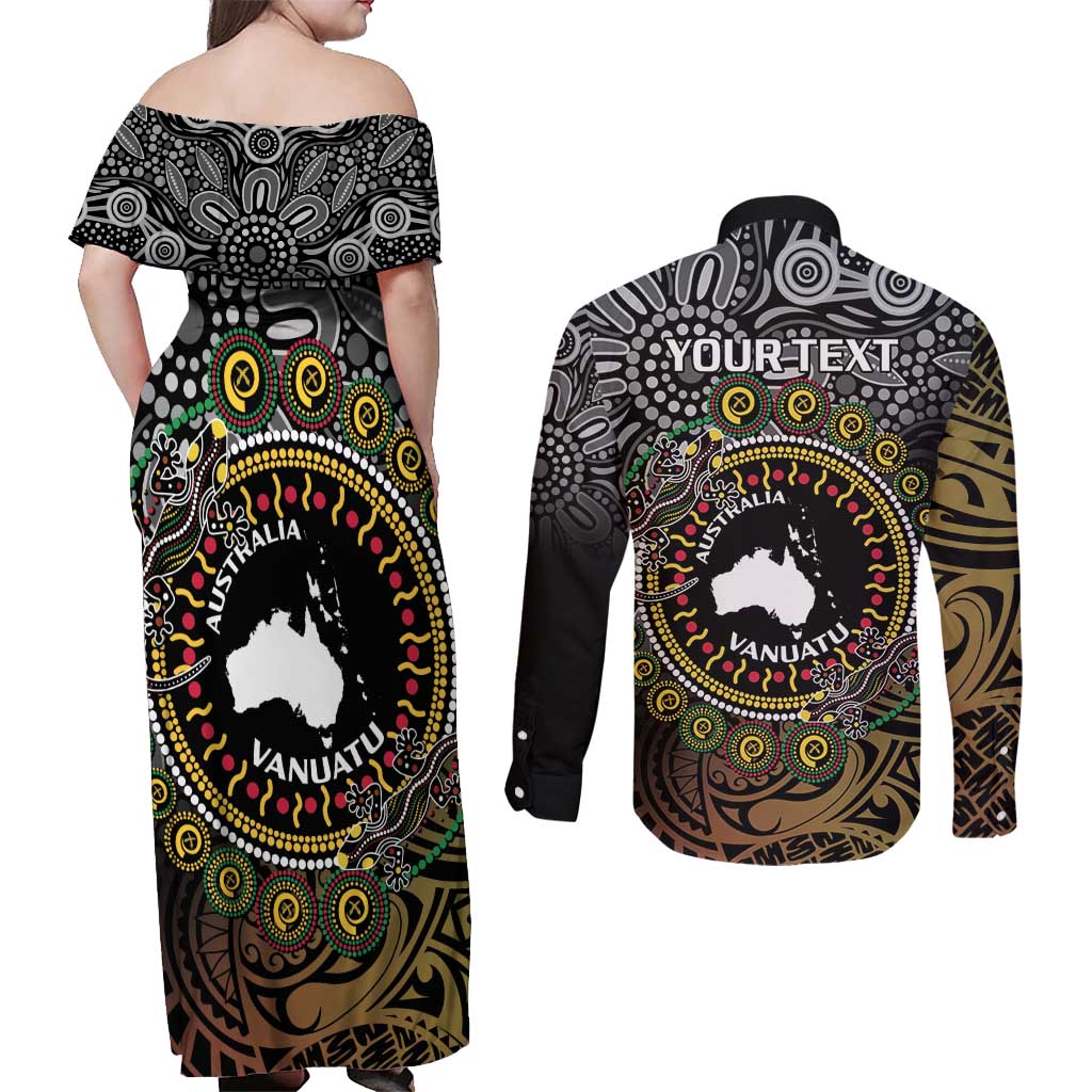 Personalised Australia And Vanuatu Couples Matching Off Shoulder Maxi Dress and Long Sleeve Button Shirt Aboriginal Lizard Polynesia Ni-Van Pig Tusk