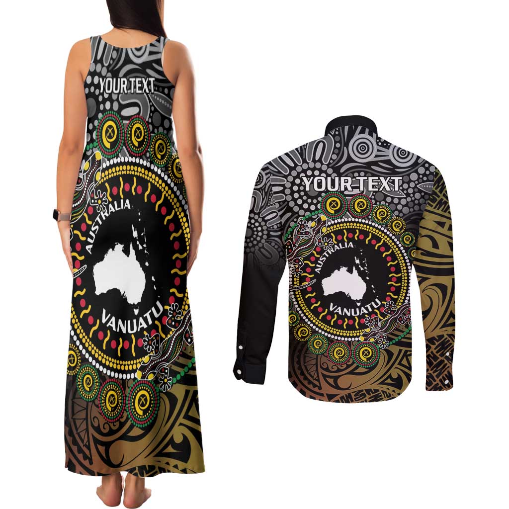Personalised Australia And Vanuatu Couples Matching Tank Maxi Dress and Long Sleeve Button Shirt Aboriginal Lizard Polynesia Ni-Van Pig Tusk
