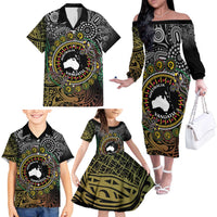 Personalised Australia And Vanuatu Family Matching Off The Shoulder Long Sleeve Dress and Hawaiian Shirt Aboriginal Lizard Polynesia Ni-Van Pig Tusk
