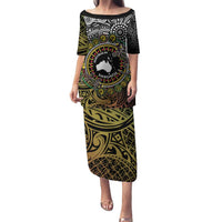 Personalised Australia And Vanuatu Family Matching Puletasi and Hawaiian Shirt Aboriginal Lizard Polynesia Ni-Van Pig Tusk