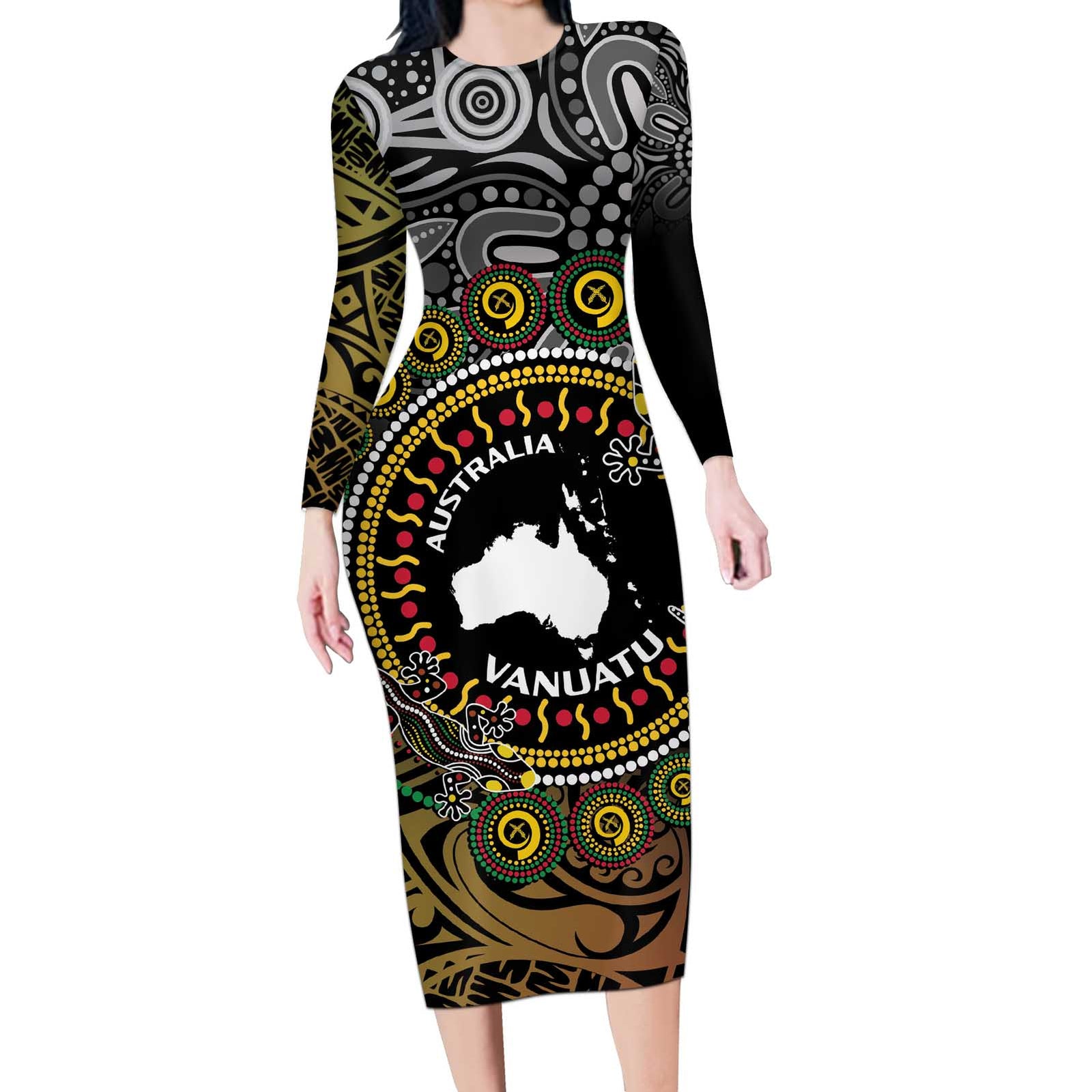 Personalised Australia And Vanuatu Long Sleeve Bodycon Dress Aboriginal Lizard Polynesia Ni-Van Pig Tusk LT14 Long Dress Black - Polynesian Pride