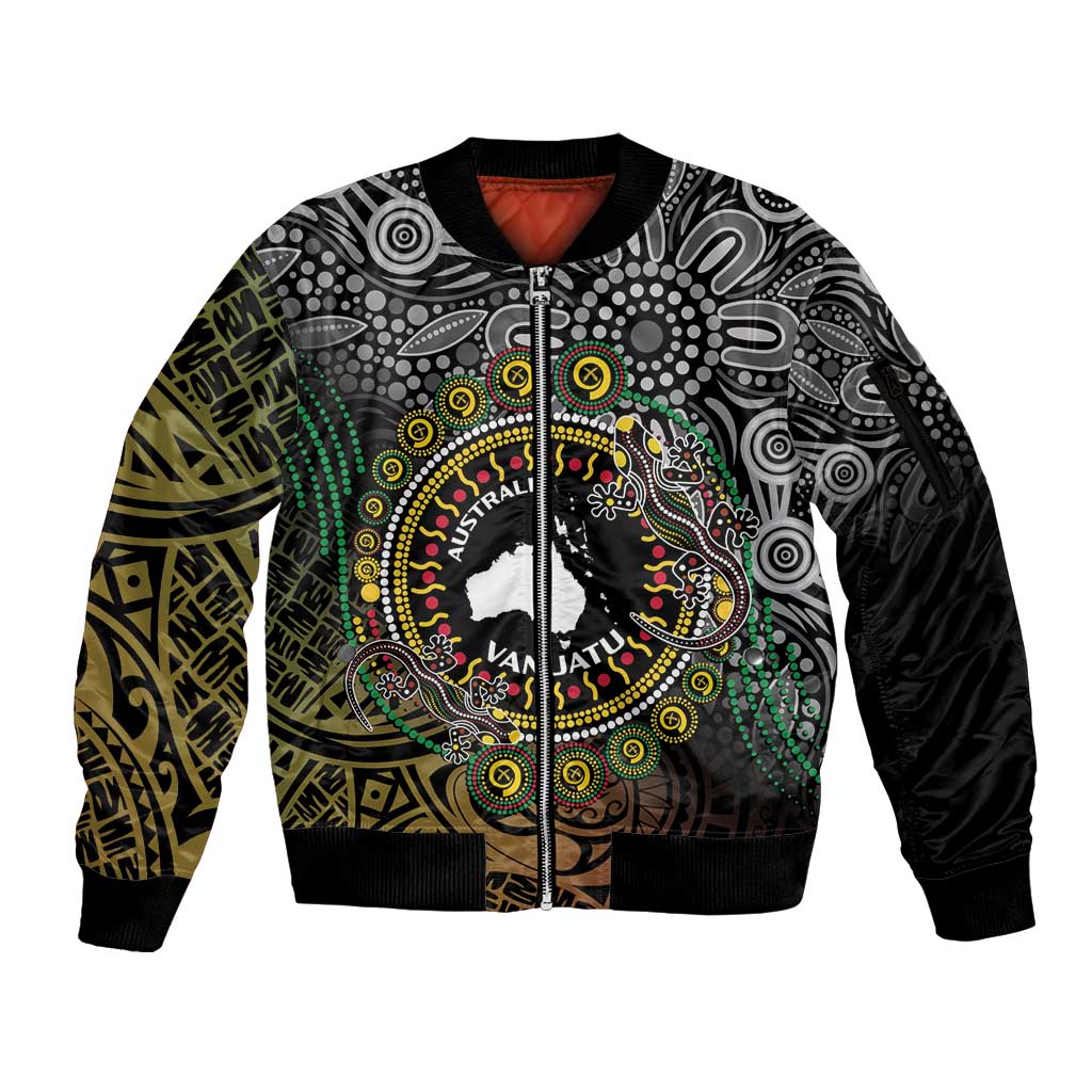 Personalised Australia And Vanuatu Sleeve Zip Bomber Jacket Aboriginal Lizard Polynesia Ni-Van Pig Tusk LT14 Unisex Black - Polynesian Pride