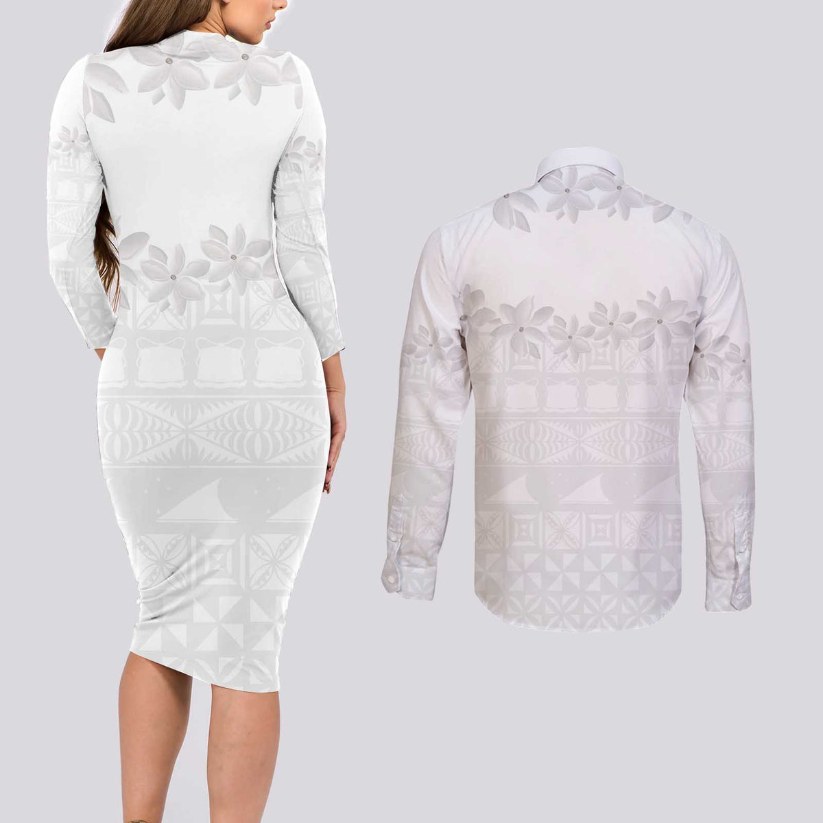 Tokelau White Sunday Couples Matching Long Sleeve Bodycon Dress and Long Sleeve Button Shirt Polynesian Pattern Gardenia Thunbergia