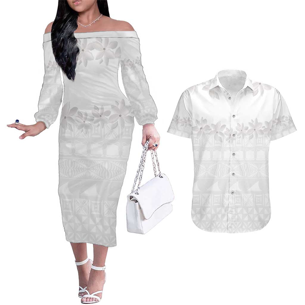Tokelau White Sunday Couples Matching Off The Shoulder Long Sleeve Dress and Hawaiian Shirt Polynesian Pattern Gardenia Thunbergia