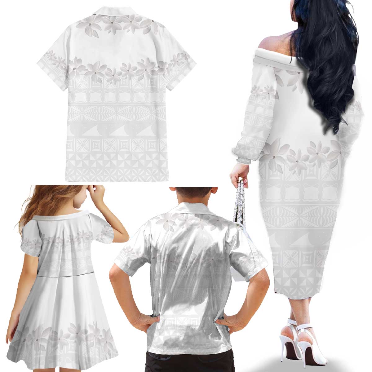Tokelau White Sunday Family Matching Off The Shoulder Long Sleeve Dress and Hawaiian Shirt Polynesian Pattern Gardenia Thunbergia