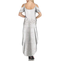 Tokelau White Sunday Summer Maxi Dress Polynesian Pattern Gardenia Thunbergia