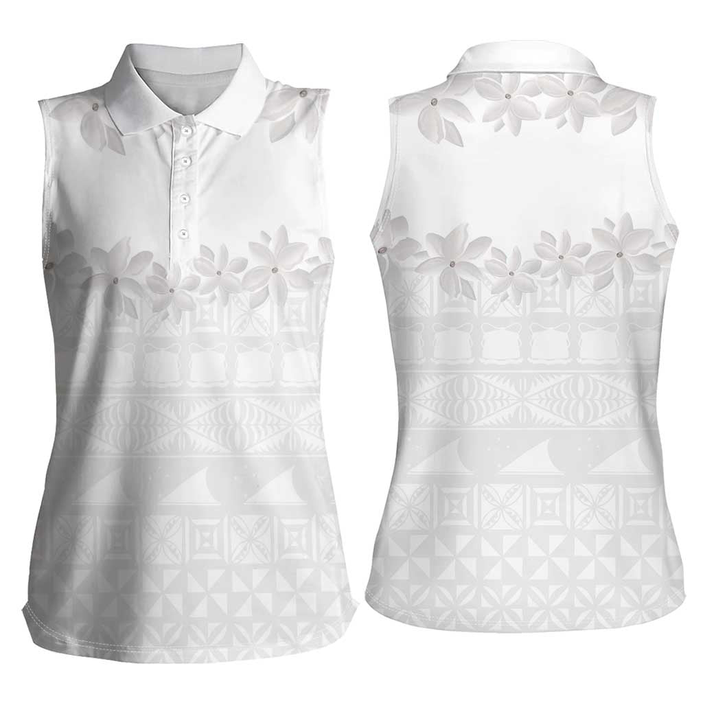 Tokelau White Sunday Women Sleeveless Polo Shirt Polynesian Pattern Gardenia Thunbergia