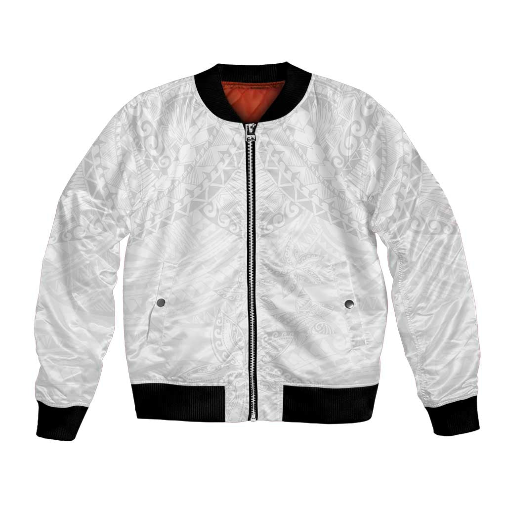 American Samoa White Sunday Bomber Jacket Lotu Tamaiti Plumeria With Samoan Pattern