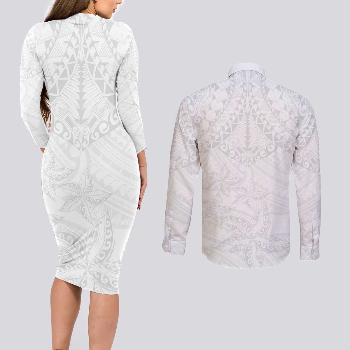 American Samoa White Sunday Couples Matching Long Sleeve Bodycon Dress and Long Sleeve Button Shirt Lotu Tamaiti Plumeria With Samoan Pattern
