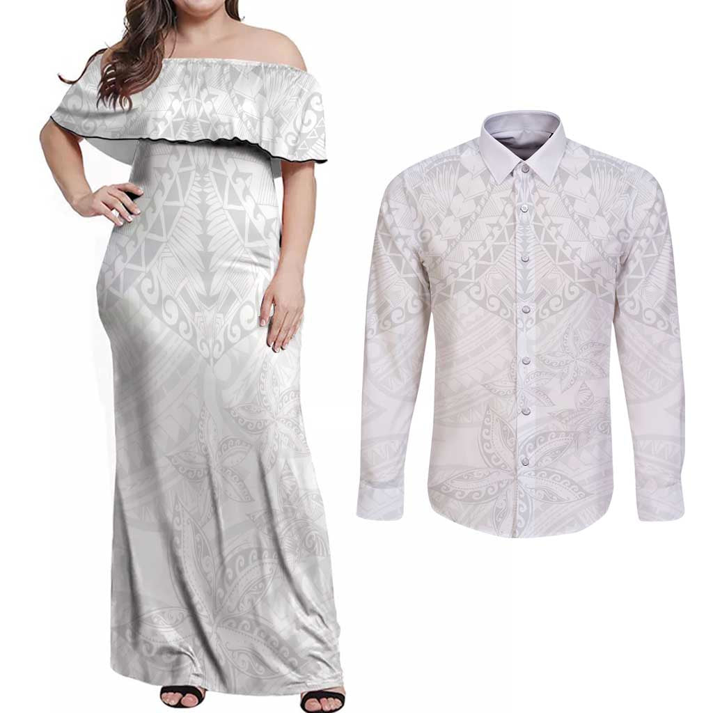 American Samoa White Sunday Couples Matching Off Shoulder Maxi Dress and Long Sleeve Button Shirt Lotu Tamaiti Plumeria With Samoan Pattern