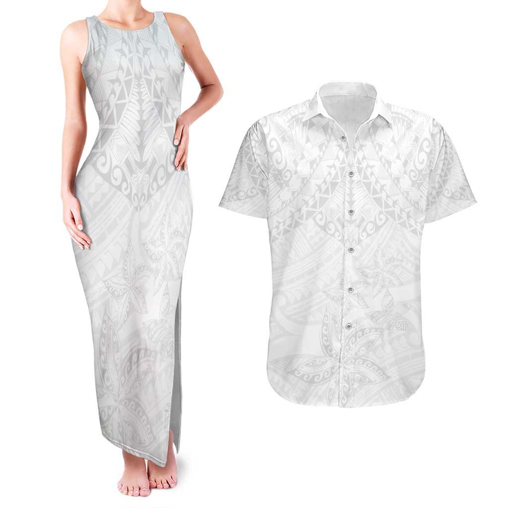 American Samoa White Sunday Couples Matching Tank Maxi Dress and Hawaiian Shirt Lotu Tamaiti Plumeria With Samoan Pattern