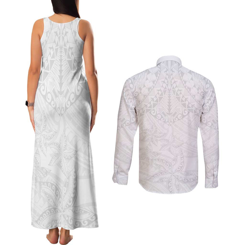 American Samoa White Sunday Couples Matching Tank Maxi Dress and Long Sleeve Button Shirt Lotu Tamaiti Plumeria With Samoan Pattern
