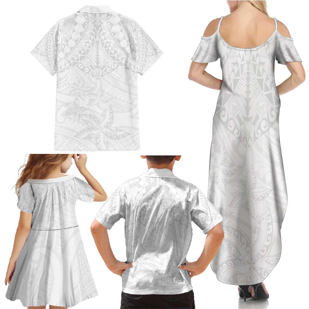 American Samoa White Sunday Family Matching Summer Maxi Dress and Hawaiian Shirt Lotu Tamaiti Plumeria With Samoan Pattern