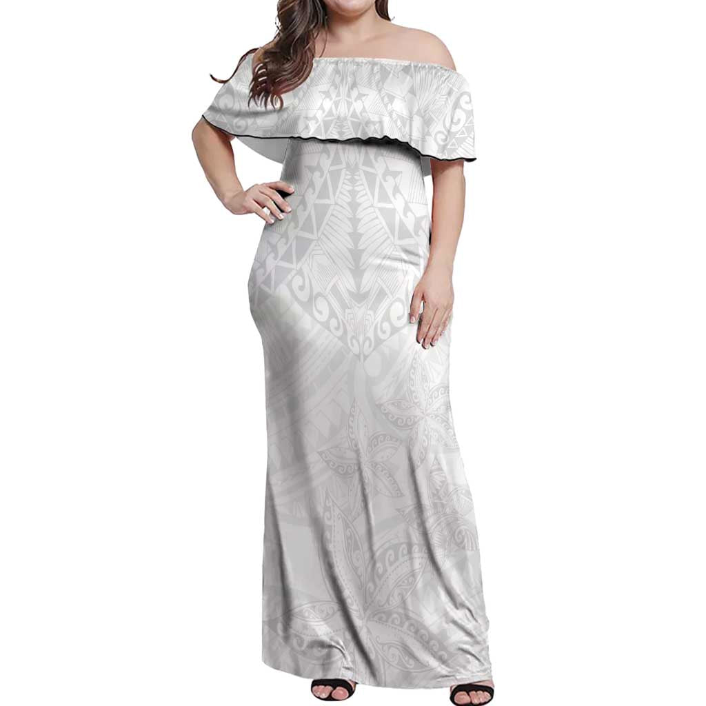 American Samoa White Sunday Off Shoulder Maxi Dress Lotu Tamaiti Plumeria With Samoan Pattern