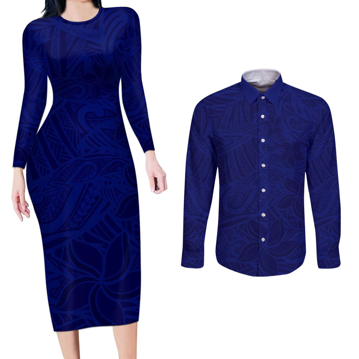 Blue Polynesia Couples Matching Long Sleeve Bodycon Dress and Long Sleeve Button Shirt Polynesian Pattern Mix Plumeria