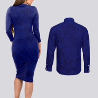 Blue Polynesia Couples Matching Long Sleeve Bodycon Dress and Long Sleeve Button Shirt Polynesian Pattern Mix Plumeria