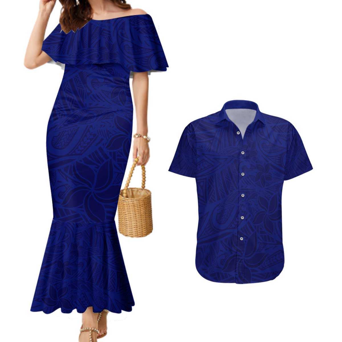 Blue Polynesia Couples Matching Mermaid Dress and Hawaiian Shirt Polynesian Pattern Mix Plumeria LT14 Blue - Polynesian Pride