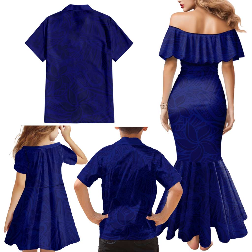 Blue Polynesia Family Matching Mermaid Dress and Hawaiian Shirt Polynesian Pattern Mix Plumeria