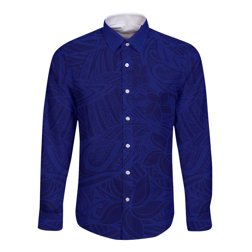 Blue Polynesia Long Sleeve Button Shirt Polynesian Pattern Mix Plumeria LT14 Unisex Blue - Polynesian Pride