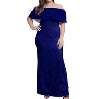 Blue Polynesia Off Shoulder Maxi Dress Polynesian Pattern Mix Plumeria