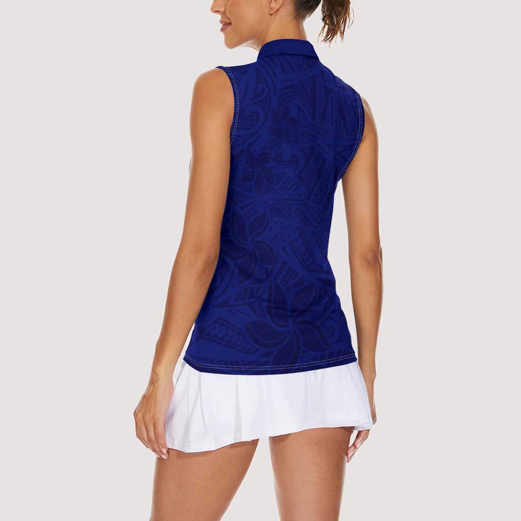 Blue Polynesia Women Sleeveless Polo Shirt Polynesian Pattern Mix Plumeria