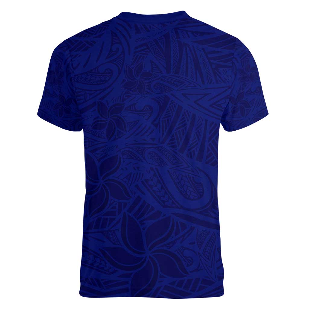 Blue Polynesia Women V-Neck T-Shirt Polynesian Pattern Mix Plumeria