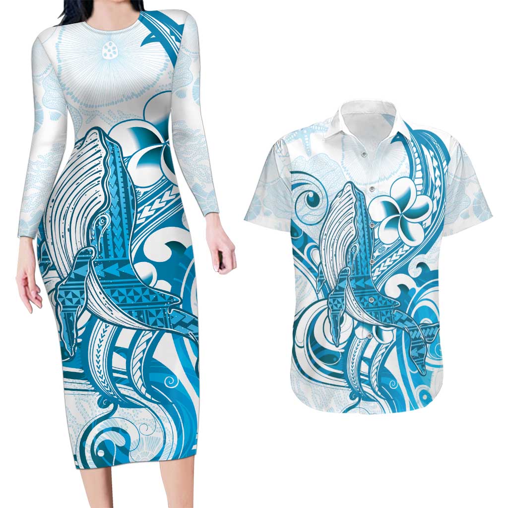 Blue Hawaii Humpback Whale Couples Matching Long Sleeve Bodycon Dress and Hawaiian Shirt Polynesian Tribal Ocean Vibes LT14 Blue - Polynesian Pride