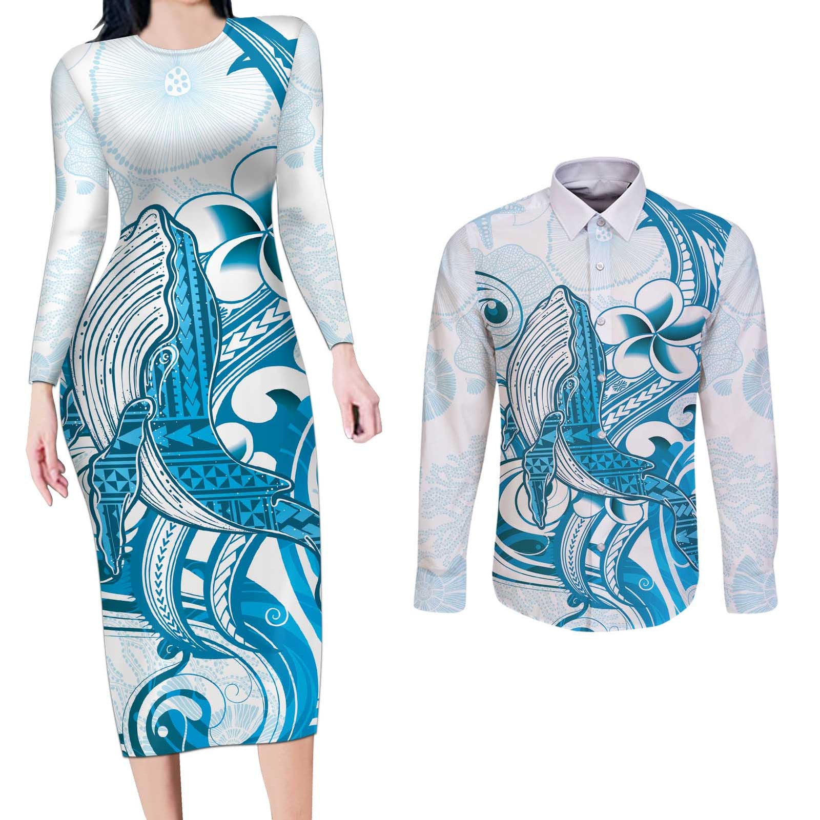 Blue Hawaii Humpback Whale Couples Matching Long Sleeve Bodycon Dress and Long Sleeve Button Shirt Polynesian Tribal Ocean Vibes LT14 Blue - Polynesian Pride