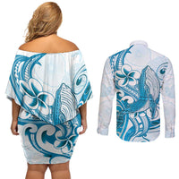 Blue Hawaii Humpback Whale Couples Matching Off Shoulder Short Dress and Long Sleeve Button Shirt Polynesian Tribal Ocean Vibes