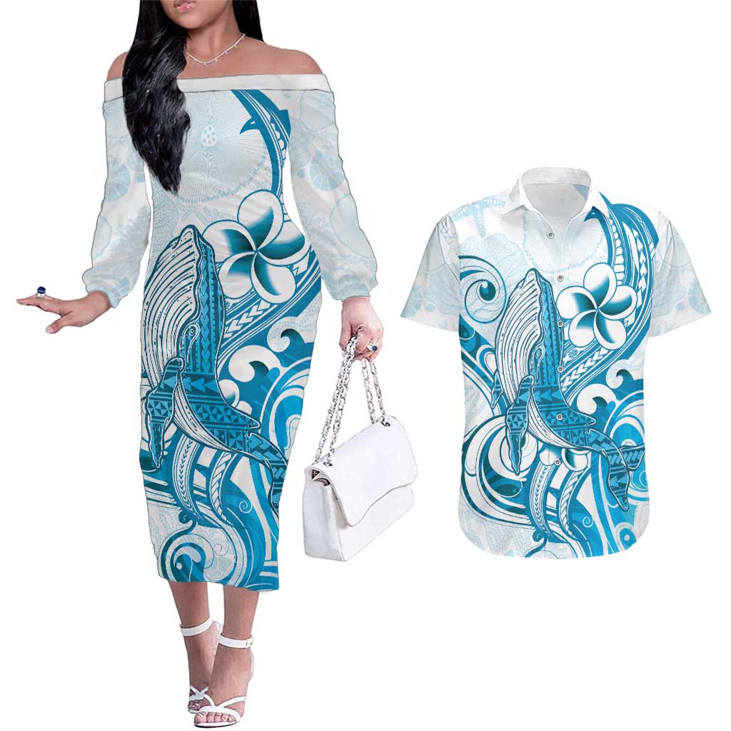 Blue Hawaii Humpback Whale Couples Matching Off The Shoulder Long Sleeve Dress and Hawaiian Shirt Polynesian Tribal Ocean Vibes LT14 Blue - Polynesian Pride