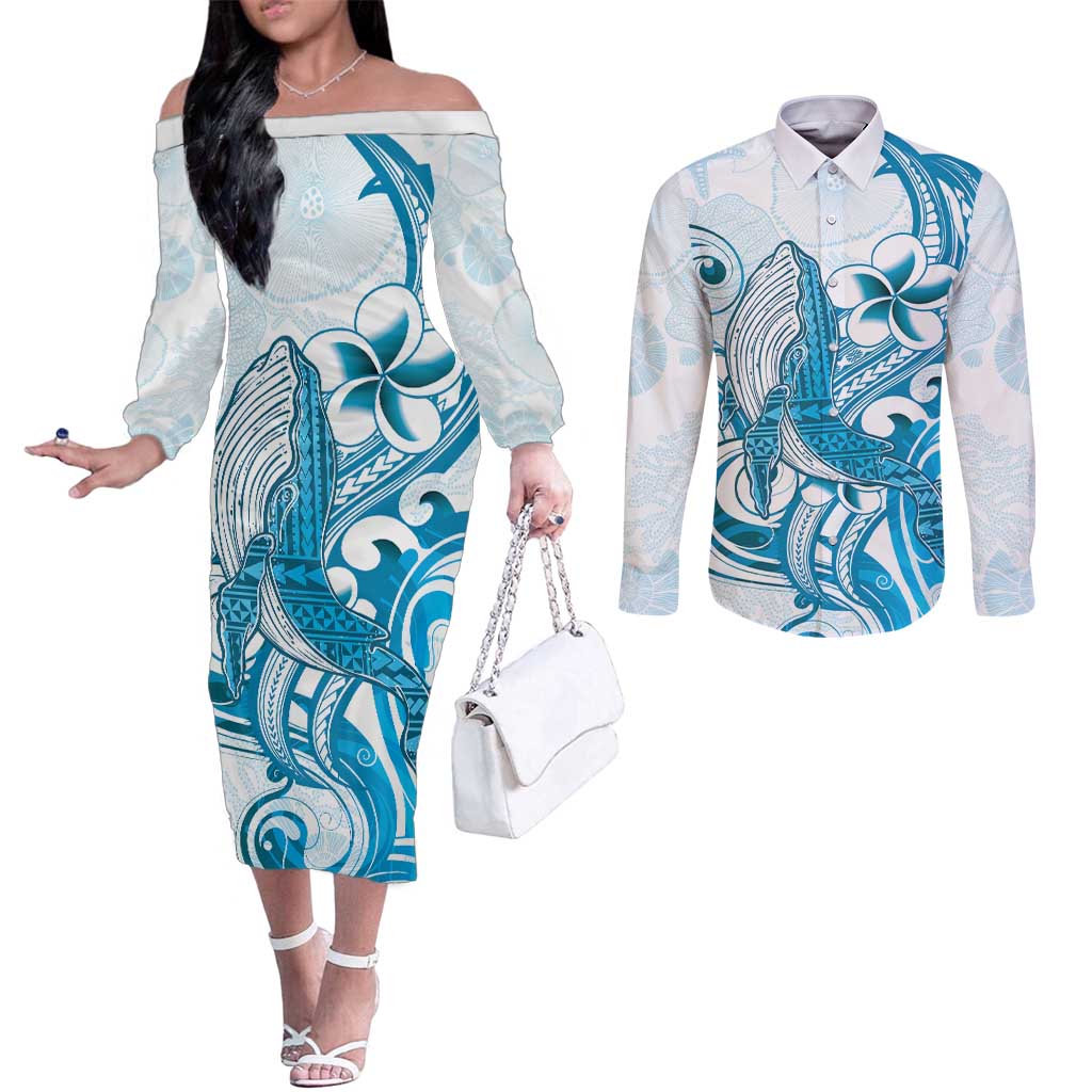 Blue Hawaii Humpback Whale Couples Matching Off The Shoulder Long Sleeve Dress and Long Sleeve Button Shirt Polynesian Tribal Ocean Vibes LT14 Blue - Polynesian Pride