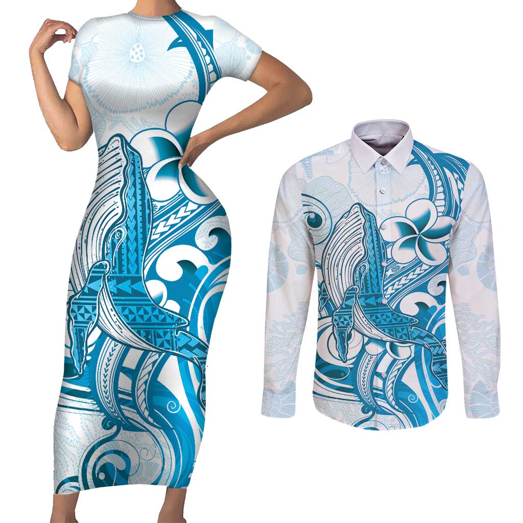 Blue Hawaii Humpback Whale Couples Matching Short Sleeve Bodycon Dress and Long Sleeve Button Shirt Polynesian Tribal Ocean Vibes LT14 Blue - Polynesian Pride