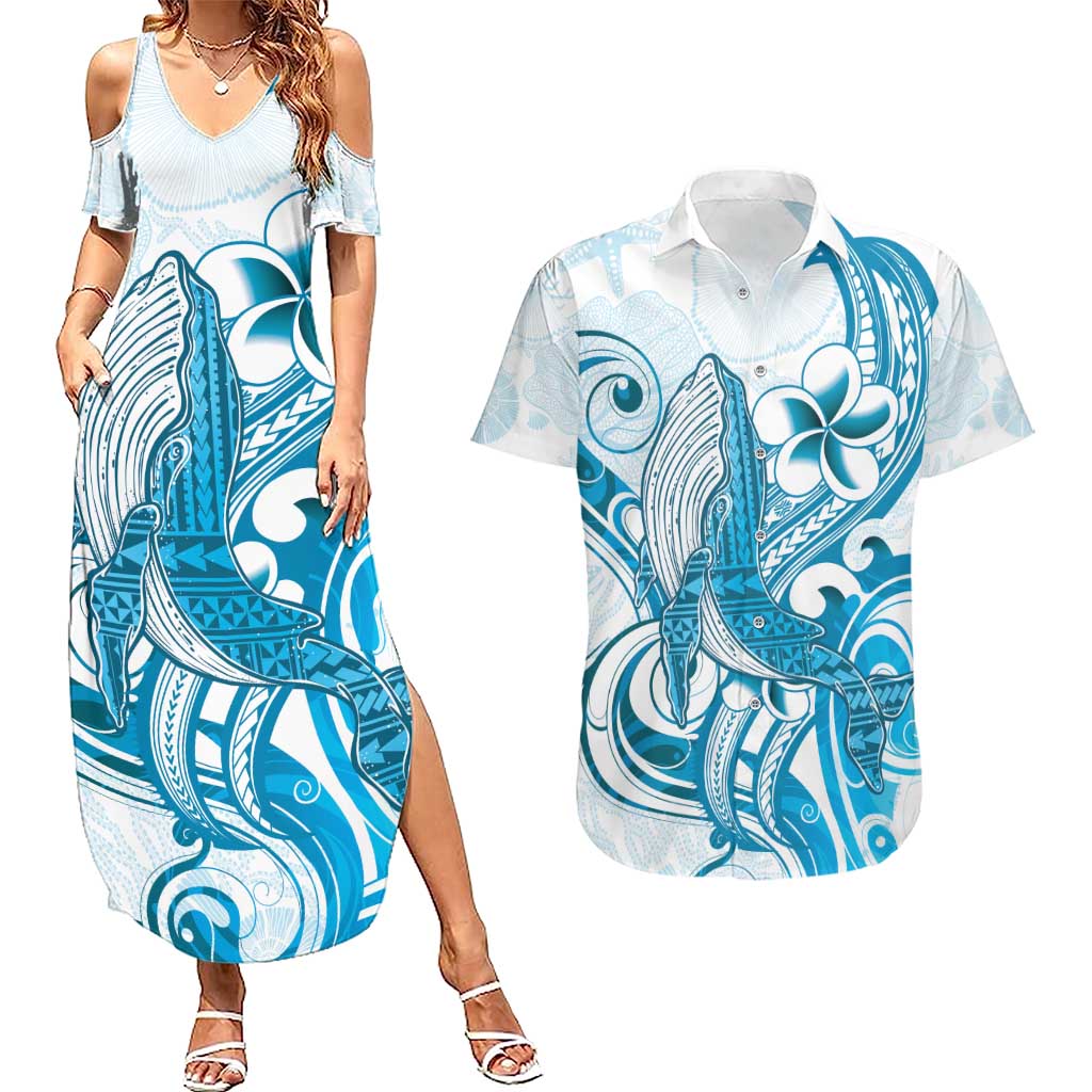 Blue Hawaii Humpback Whale Couples Matching Summer Maxi Dress and Hawaiian Shirt Polynesian Tribal Ocean Vibes LT14 Blue - Polynesian Pride