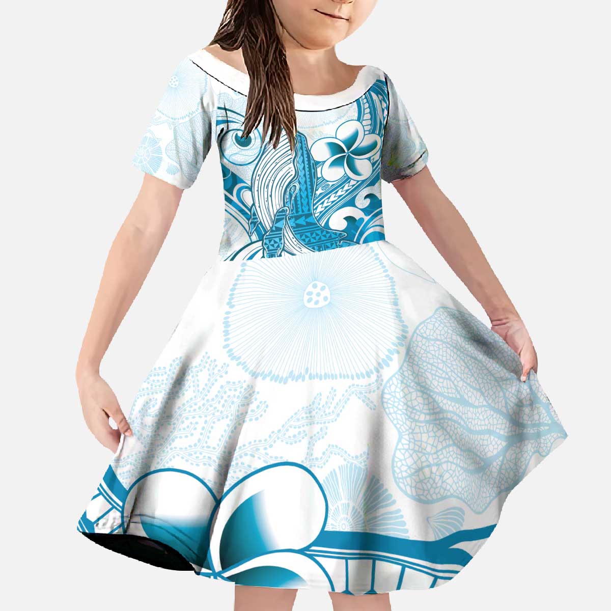 Blue Hawaii Humpback Whale Family Matching Off The Shoulder Long Sleeve Dress and Hawaiian Shirt Polynesian Tribal Ocean Vibes