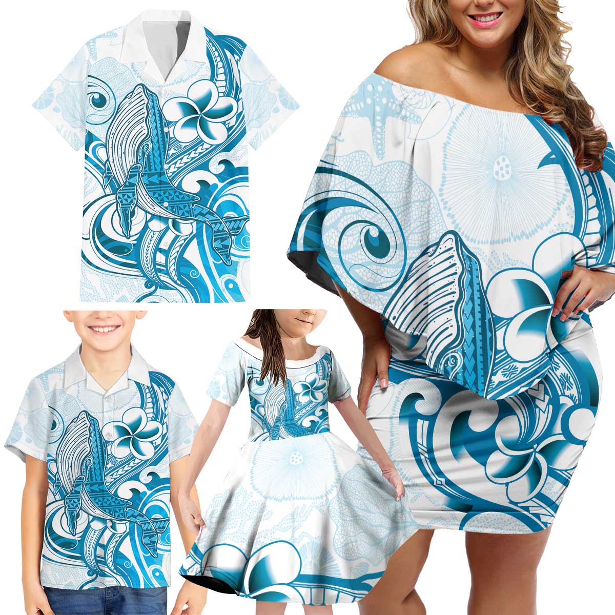 Blue Hawaii Humpback Whale Family Matching Off Shoulder Short Dress and Hawaiian Shirt Polynesian Tribal Ocean Vibes LT14 - Polynesian Pride