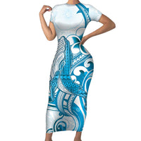 Blue Hawaii Humpback Whale Short Sleeve Bodycon Dress Polynesian Tribal Ocean Vibes