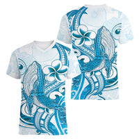 Blue Hawaii Humpback Whale Women V-Neck T-Shirt Polynesian Tribal Ocean Vibes