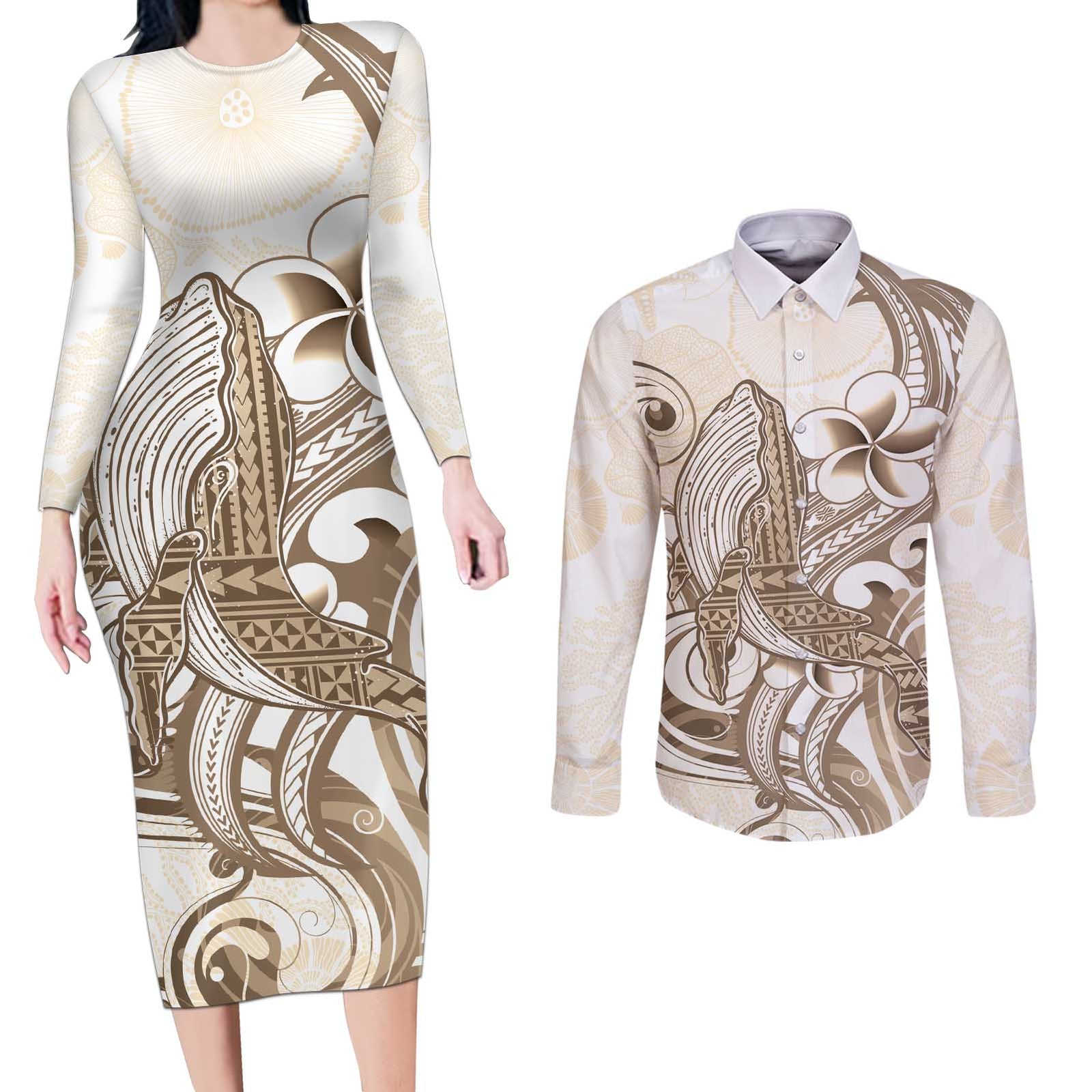 Brown Hawaii Humpback Whale Couples Matching Long Sleeve Bodycon Dress and Long Sleeve Button Shirt Polynesian Tribal Ocean Vibes LT14 Brown - Polynesian Pride