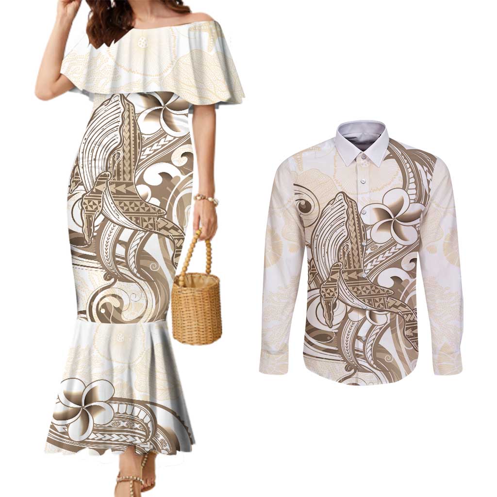 Brown Hawaii Humpback Whale Couples Matching Mermaid Dress and Long Sleeve Button Shirt Polynesian Tribal Ocean Vibes LT14 Brown - Polynesian Pride