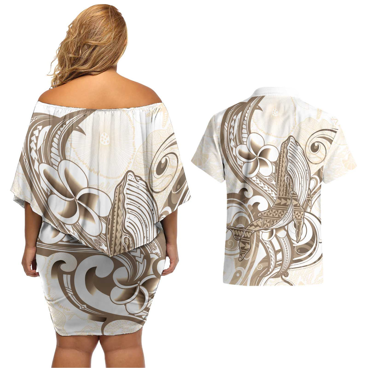 Brown Hawaii Humpback Whale Couples Matching Off Shoulder Short Dress and Hawaiian Shirt Polynesian Tribal Ocean Vibes