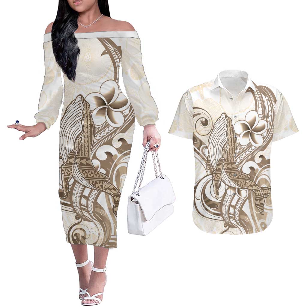 Brown Hawaii Humpback Whale Couples Matching Off The Shoulder Long Sleeve Dress and Hawaiian Shirt Polynesian Tribal Ocean Vibes LT14 Brown - Polynesian Pride