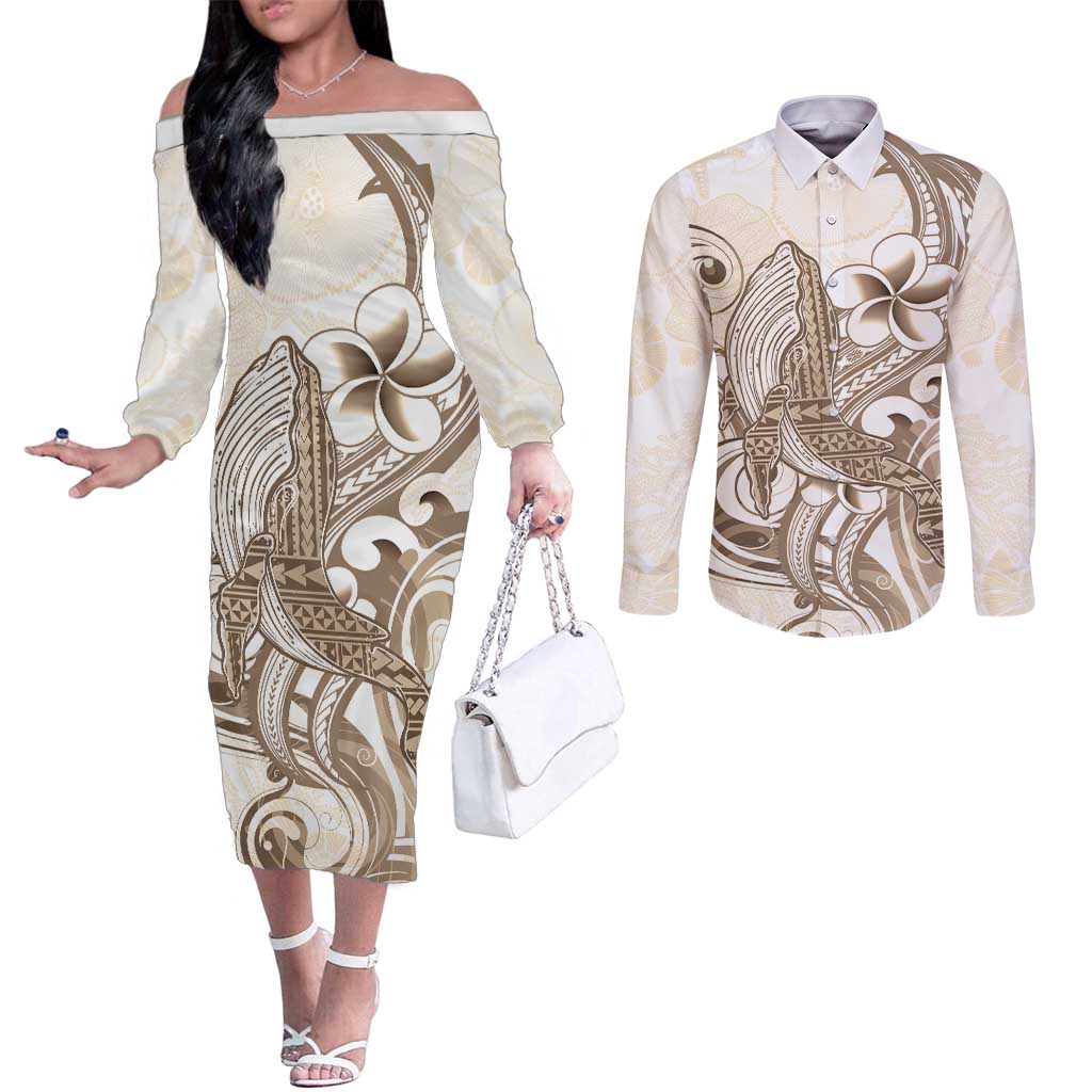 Brown Hawaii Humpback Whale Couples Matching Off The Shoulder Long Sleeve Dress and Long Sleeve Button Shirt Polynesian Tribal Ocean Vibes LT14 Brown - Polynesian Pride