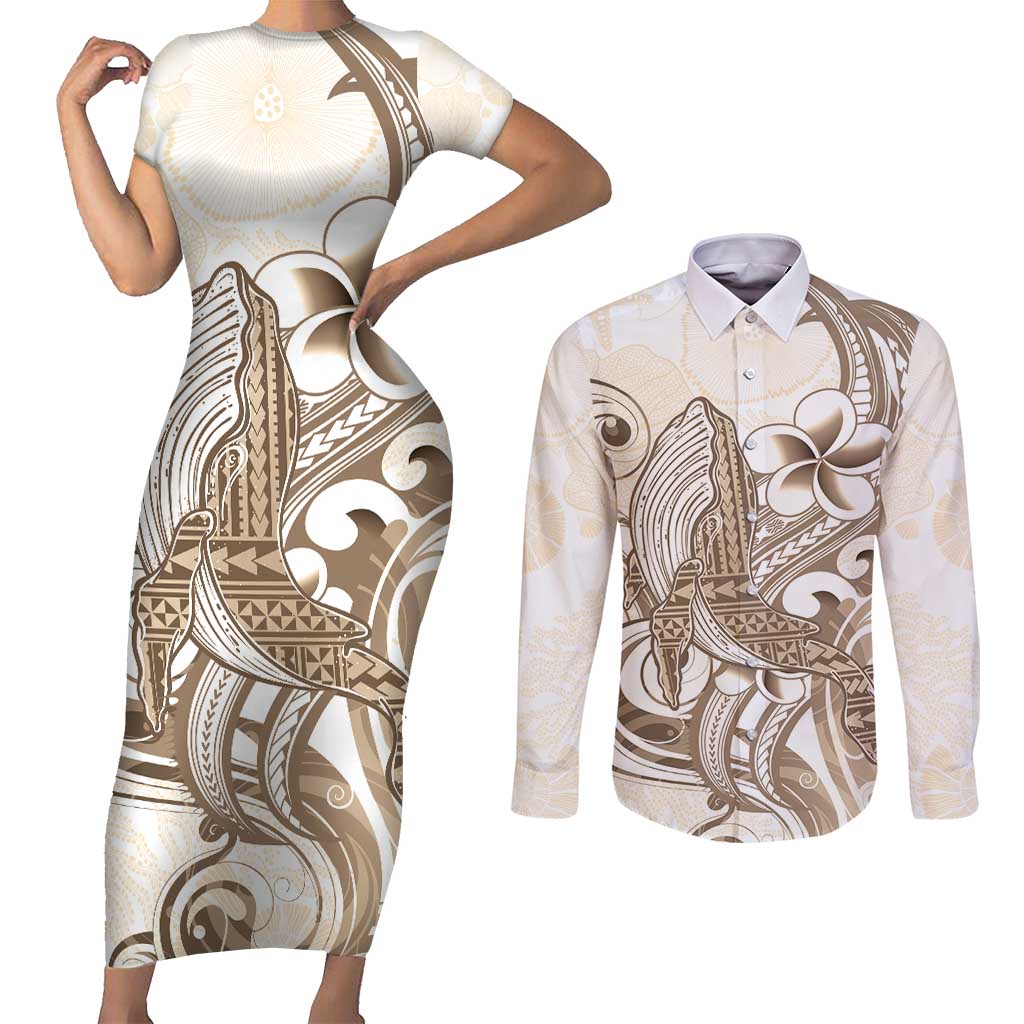 Brown Hawaii Humpback Whale Couples Matching Short Sleeve Bodycon Dress and Long Sleeve Button Shirt Polynesian Tribal Ocean Vibes LT14 Brown - Polynesian Pride