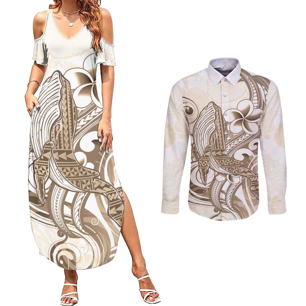 Brown Hawaii Humpback Whale Couples Matching Summer Maxi Dress and Long Sleeve Button Shirt Polynesian Tribal Ocean Vibes LT14 Brown - Polynesian Pride