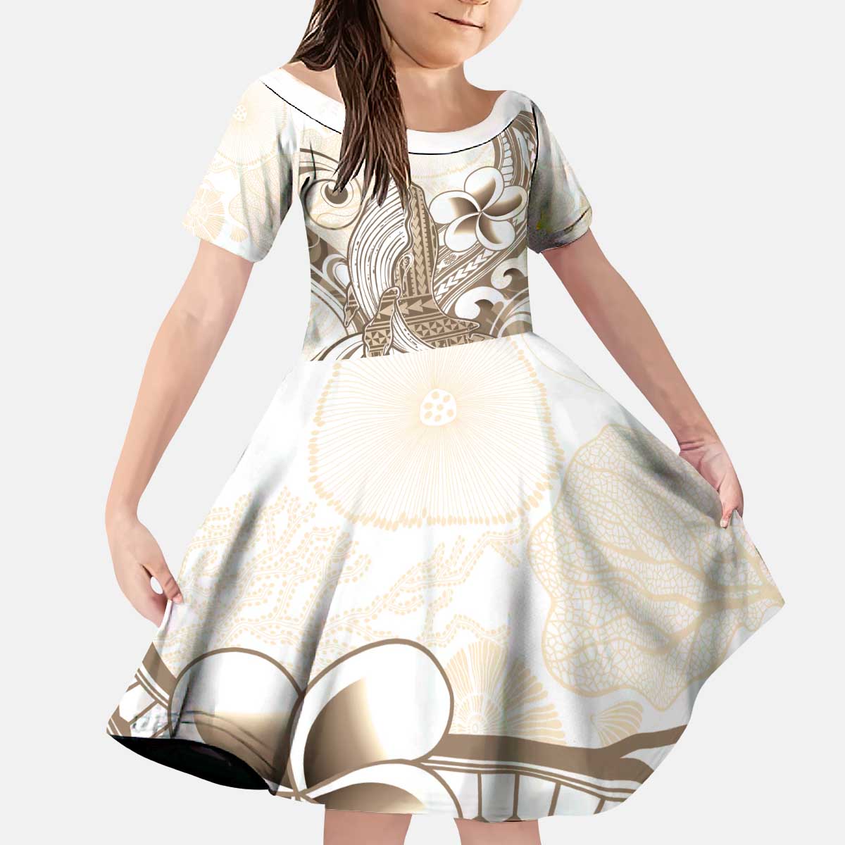 Brown Hawaii Humpback Whale Kid Short Sleeve Dress Polynesian Tribal Ocean Vibes