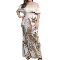 Brown Hawaii Humpback Whale Off Shoulder Maxi Dress Polynesian Tribal Ocean Vibes