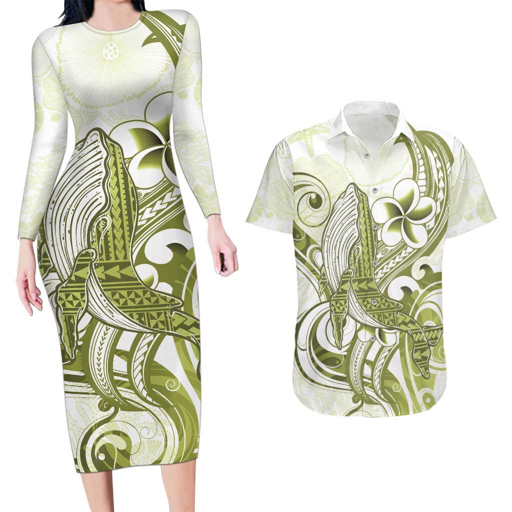 Lime Green Hawaii Couples Matching Long Sleeve Bodycon Dress and Hawaiian Shirt Humpback Whale Tattoo Polynesian Tribal Ocean Vibes LT14 Lime Green - Polynesian Pride