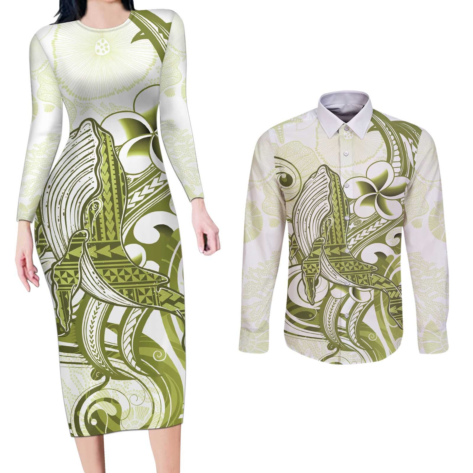 Lime Green Hawaii Couples Matching Long Sleeve Bodycon Dress and Long Sleeve Button Shirt Humpback Whale Tattoo Polynesian Tribal Ocean Vibes LT14 Lime Green - Polynesian Pride